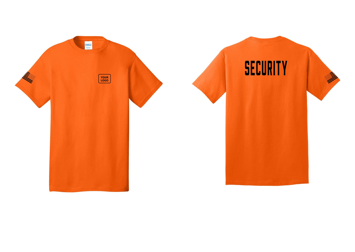 NYC Factory Custom Logo Security T-Shirt, Condensed Lettering - Your Logo + Back + US Flag Sleeve - Safety Orange