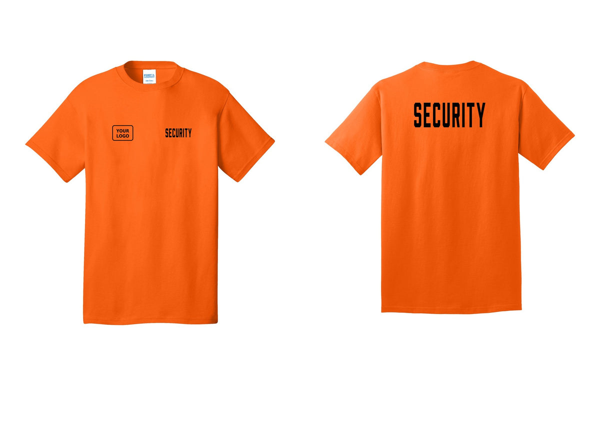 NYC Factory Custom Logo Security T-Shirt, Condensed Lettering - SECURITY + Your Logo + Back - Safety Orange