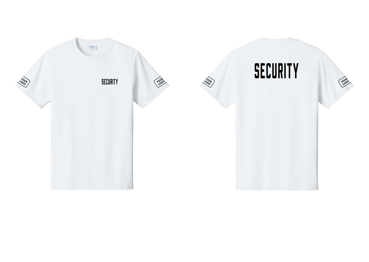 NYC Factory Custom Logo Security T-Shirt, Condensed Lettering - Chest + Back + Your Logo Sleeves - White