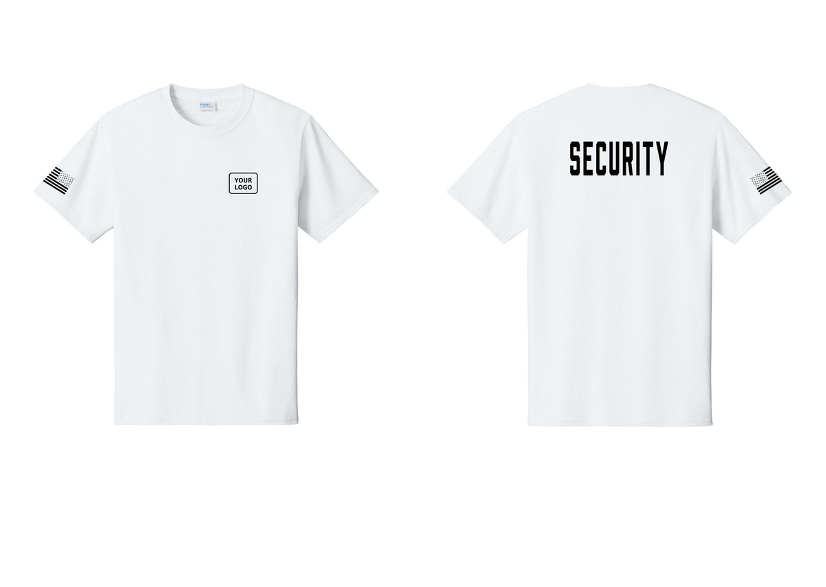 NYC Factory Custom Logo Security T-Shirt, Condensed Lettering - Your Logo + Back + US Flag Sleeve - White