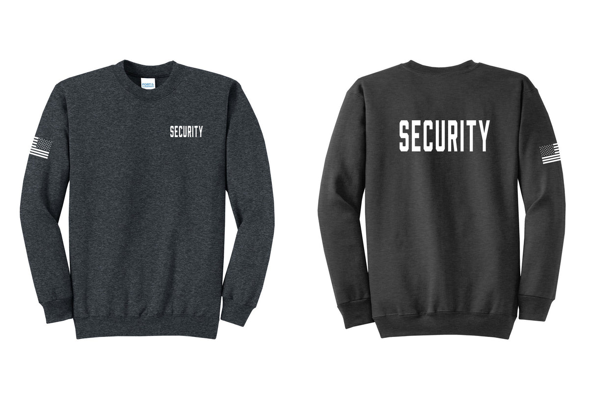 NYC Factory Security Cotton Fleece Crewneck Sweatshirt (Classic) - Chest + Back + US Flag Sleeve - Dark Heather Grey
