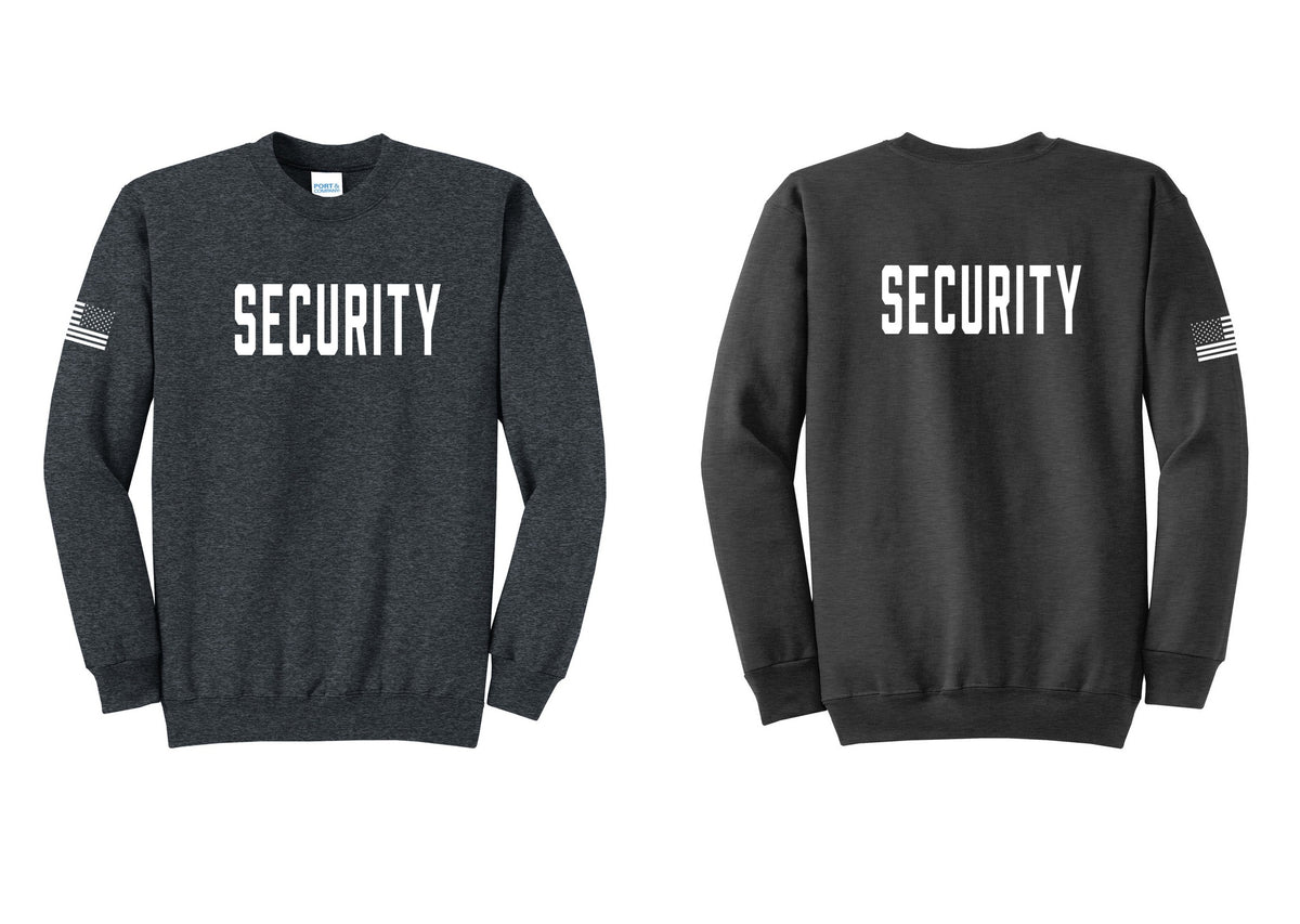 NYC Factory Security Cotton Fleece Crewneck Sweatshirt (Classic) - Front + Back + US Flag Sleeve - Dark Heather Grey