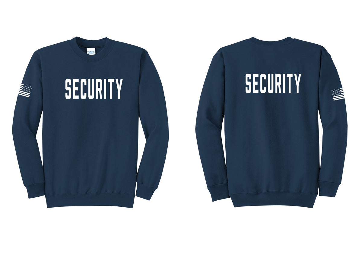 NYC Factory Security Cotton Fleece Crewneck Sweatshirt (Classic) - Front + Back + US Flag Sleeve - Navy