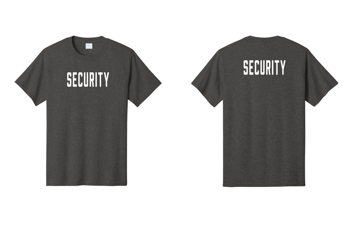 NYC Factory Security T-Shirt, Condensed Lettering - Front + Back - Dark Heather Grey