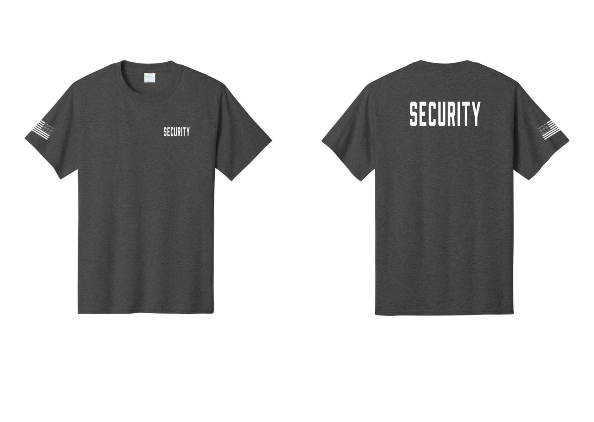 NYC Factory Security T-Shirt, Condensed Lettering - Chest + Back + US Flag Sleeve - Dark Heather Grey