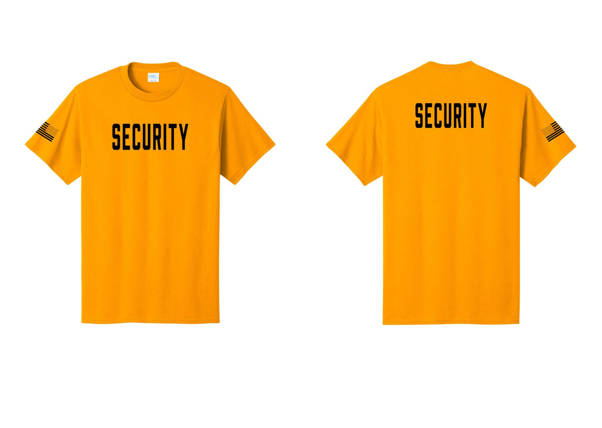 NYC Factory Unisex Security Black T-Shirt - Front + Back + US Flag Sleeve - Gold