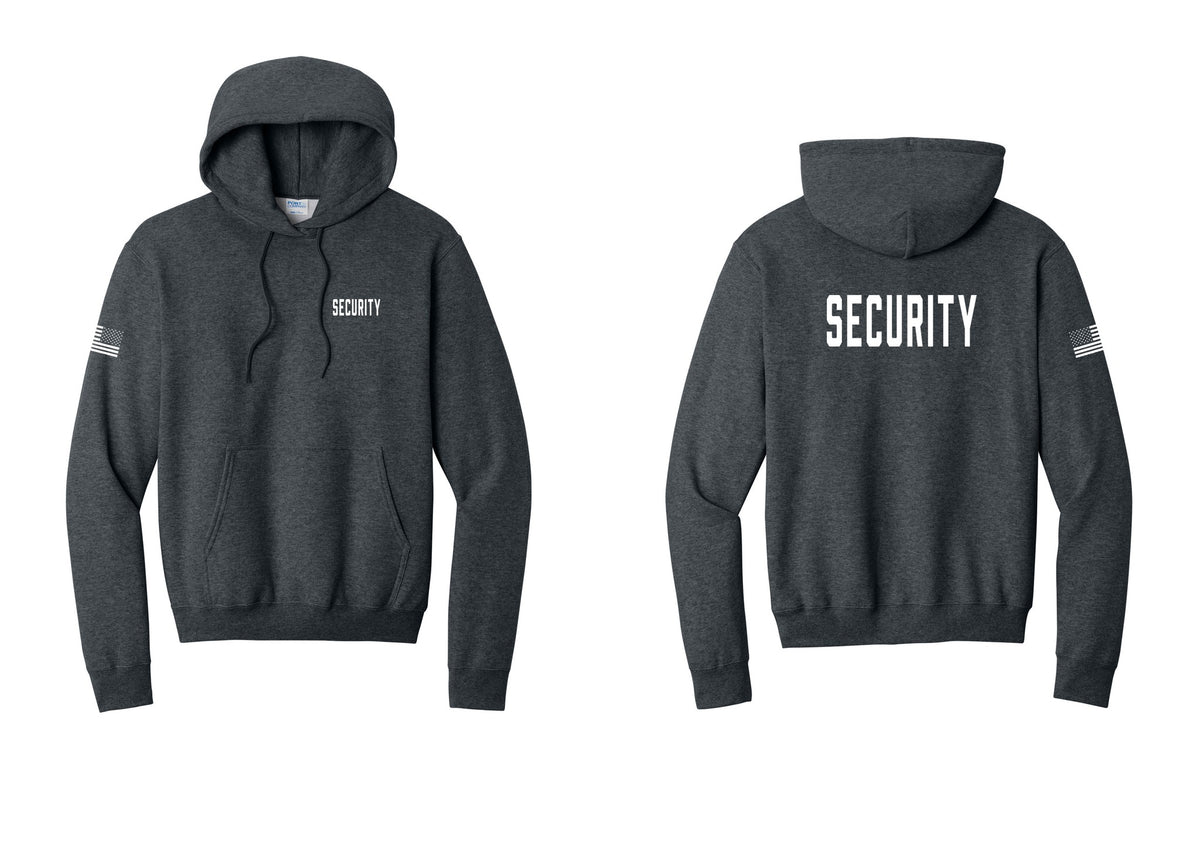 NYC Factory Security Cotton Fleece Pullover Hoodie (Classic) - Chest + Back + US Flag Sleeve - Dark Heather Grey
