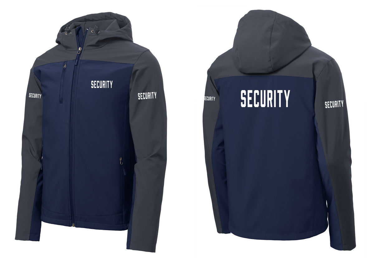 NYC Factory Security Hooded Soft Shell Jacket (Classic) - Chest + Back + Security Sleeves - Dress Blue Navy / Battleship Grey