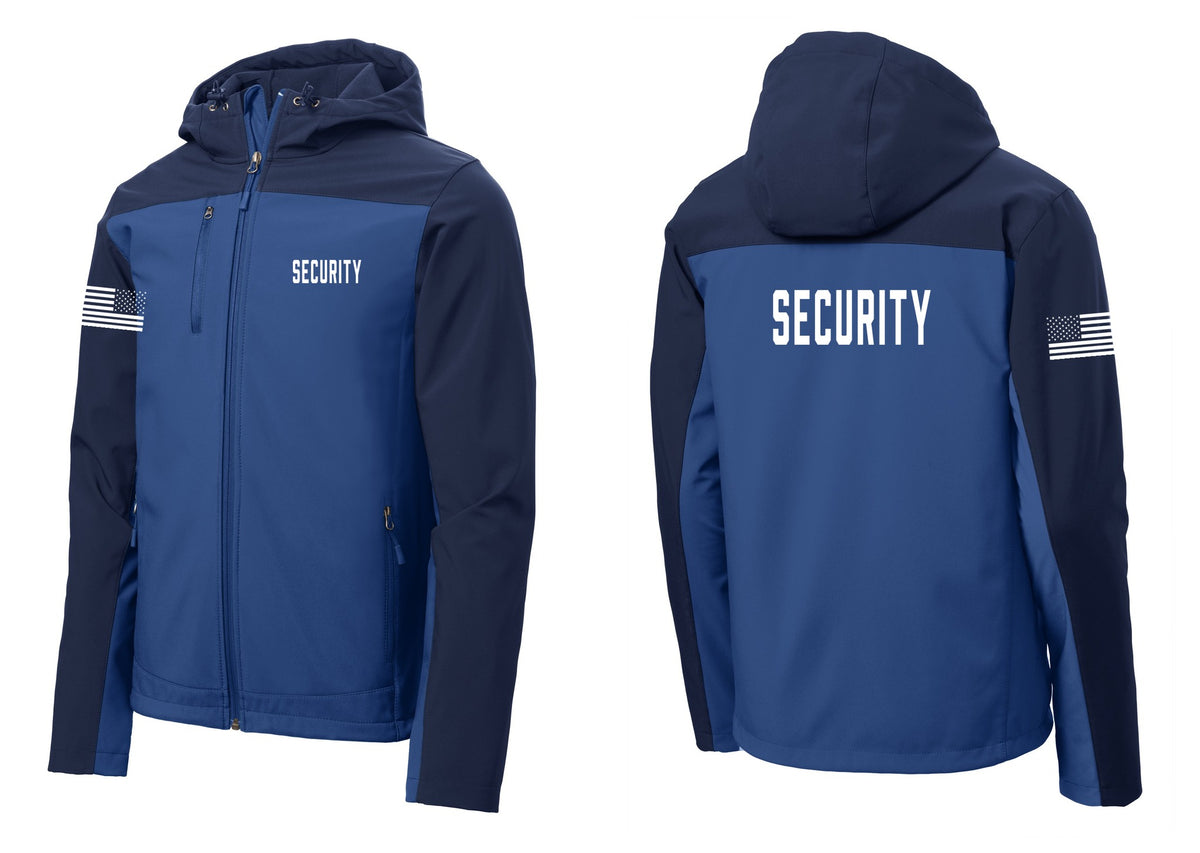 NYC Factory Security Hooded Soft Shell Jacket (Classic) - Chest + Back + US Flag Sleeve - Night Sky Blue / Dress Blue Navy