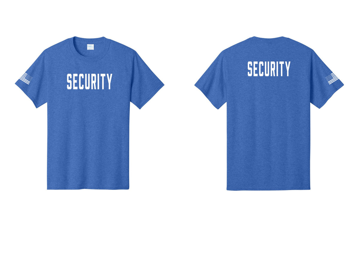 NYC Factory Unisex Security Black T-Shirt - Front + Back + US Flag Sleeve - Heather Royal