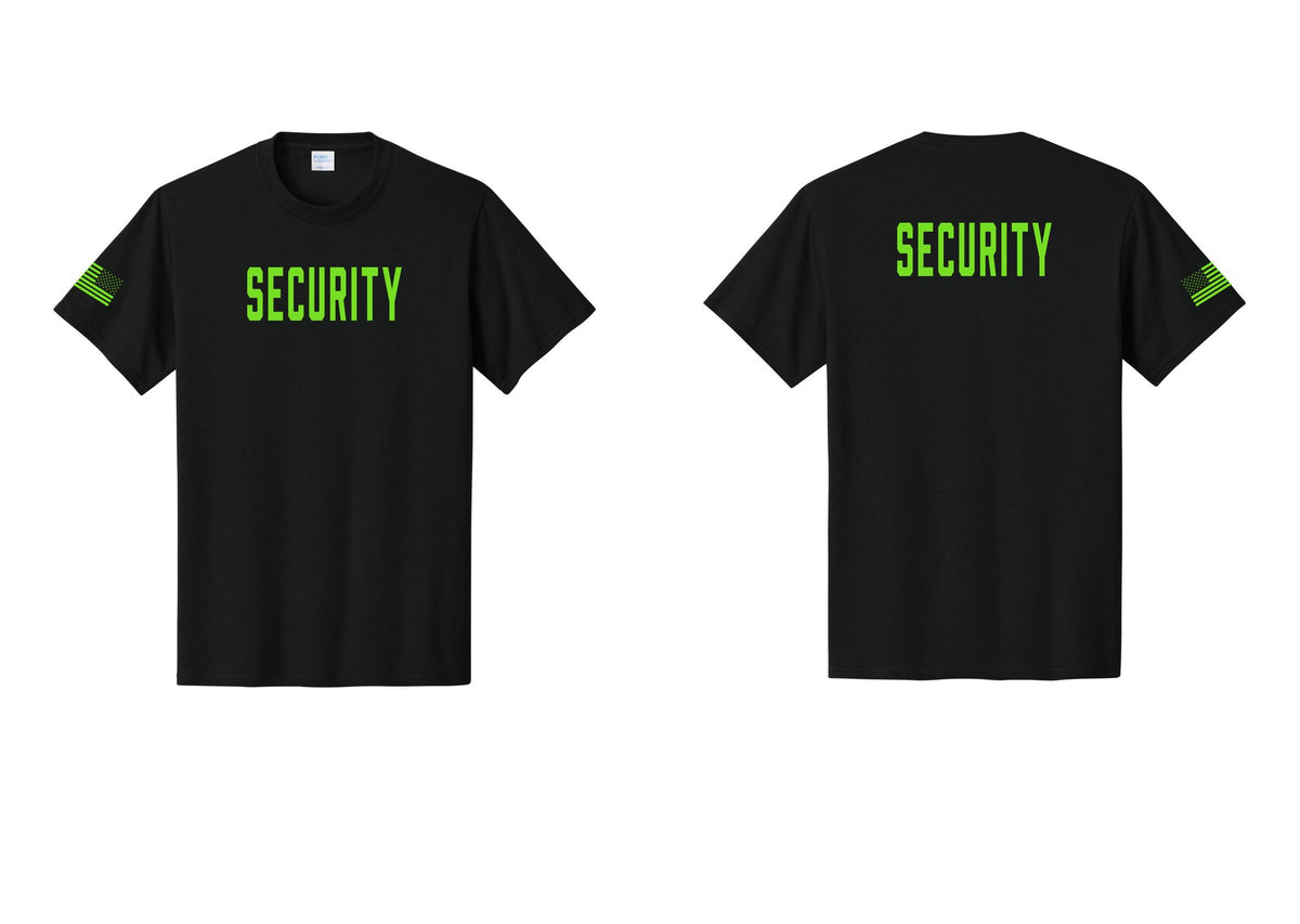 NYC Factory Security T-Shirt, Condensed Lettering - Front + Back + US Flag Sleeve - Black / Neon