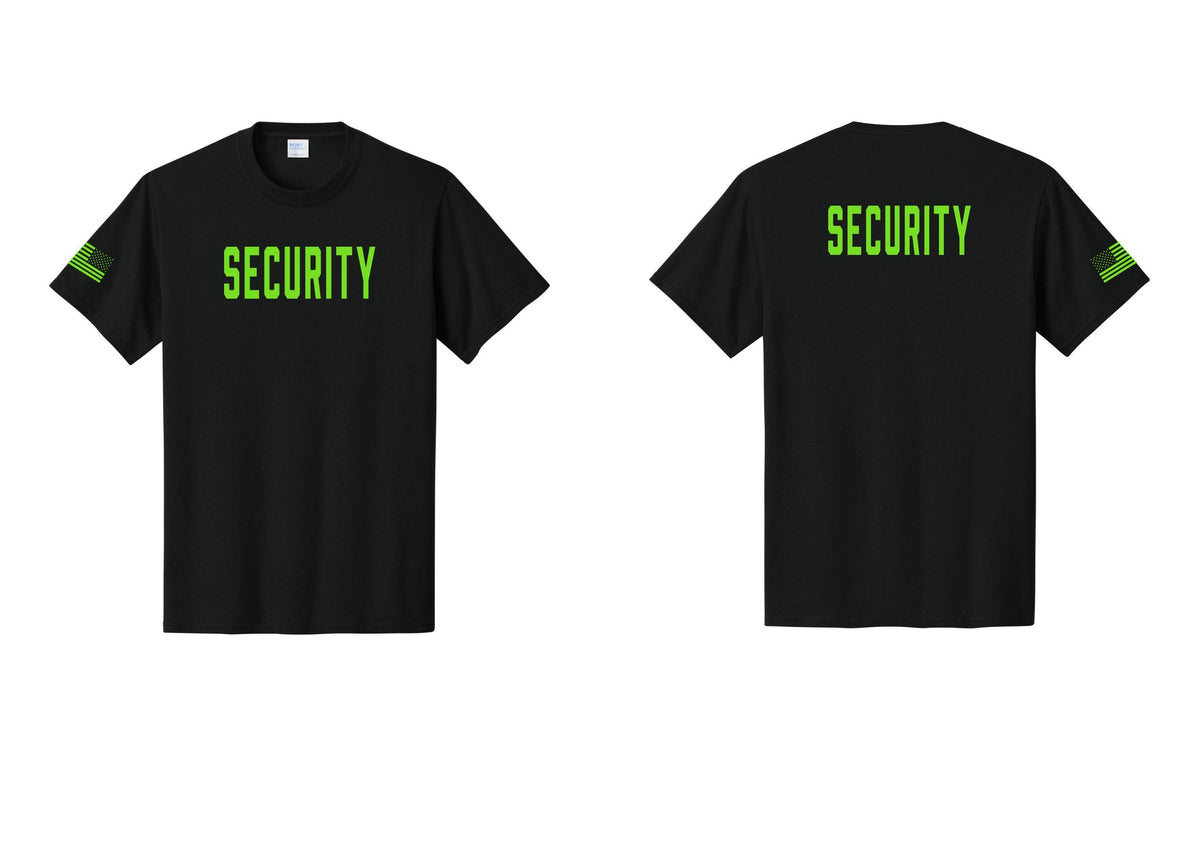 NYC Factory Unisex Security Black T-Shirt - Front + Back + US Flag Sleeve - Black / Neon