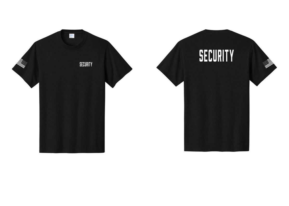 NYC Factory Security T-Shirt, Condensed Lettering - Chest + Back + US Flag Sleeve - Black
