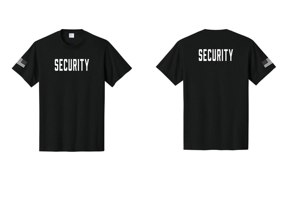 NYC Factory Security T-Shirt, Condensed Lettering - Front + Back + US Flag Sleeve - Black