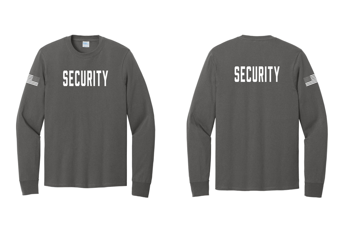 NYC Factory Security Cotton Long Sleeve T-Shirt (Classic) - Front + Back + US Flag Sleeve - Charcoal