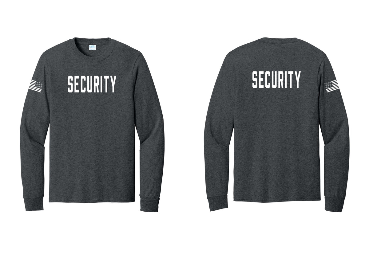 NYC Factory Security Cotton Long Sleeve T-Shirt (Classic) - Front + Back + US Flag Sleeve - Dark Heather Grey