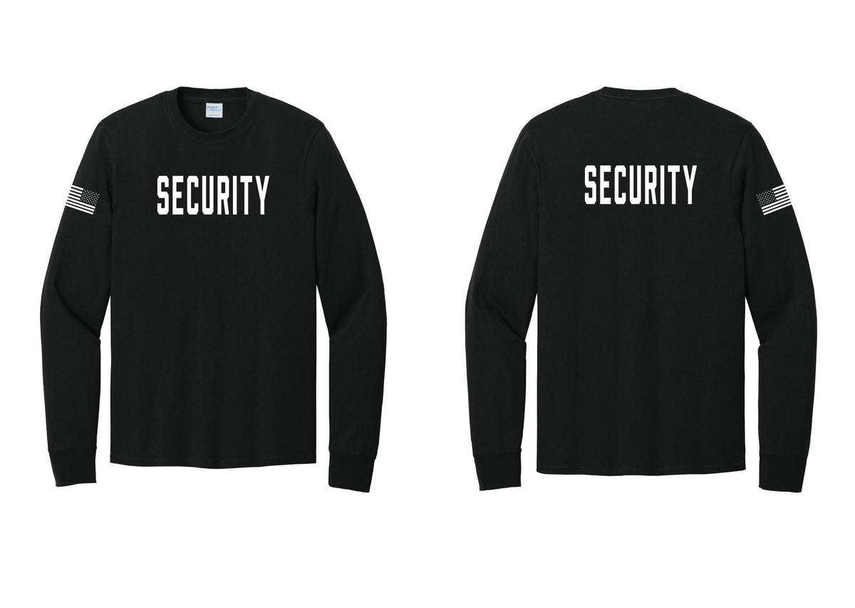 NYC Factory Security Cotton Long Sleeve T-Shirt (Classic) - Front + Back + US Flag Sleeve - Black