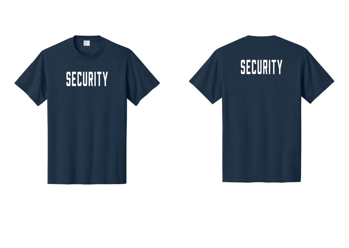 NYC Factory Security T-Shirt, Condensed Lettering - Front + Back - Navy