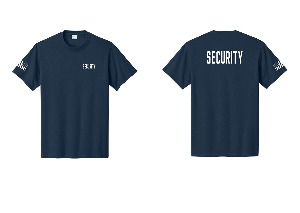 NYC Factory Unisex Security Black T-Shirt - Chest + Back + US Flag Sleeve - Navy