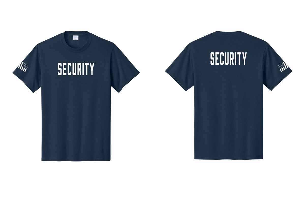 NYC Factory Security T-Shirt, Condensed Lettering - Front + Back + US Flag Sleeve - Navy