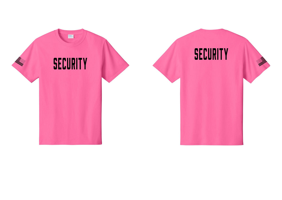 NYC Factory Security T-Shirt, Condensed Lettering - Front + Back + US Flag Sleeve - Neon Pink
