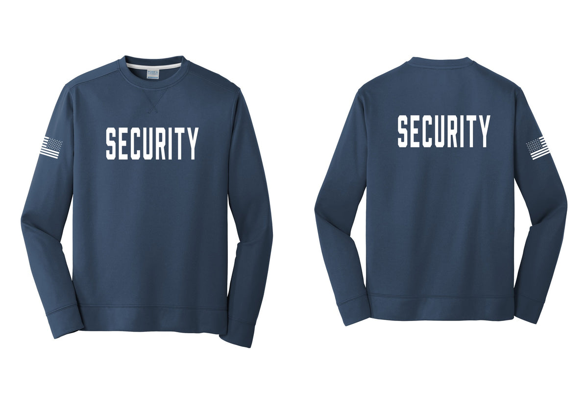 NYC Factory Security Performance Fleece Crewneck Sweatshirt (Classic) - Front + Back + US Flag Sleeve - Navy