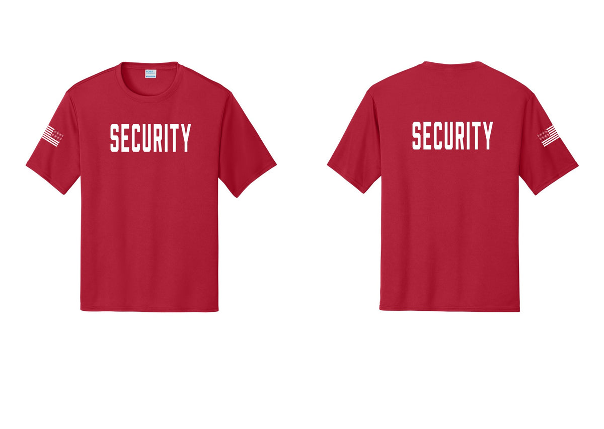 NYC Factory Security Performance T-Shirt (Classic) - Front + Back + US Flag Sleeve - Red