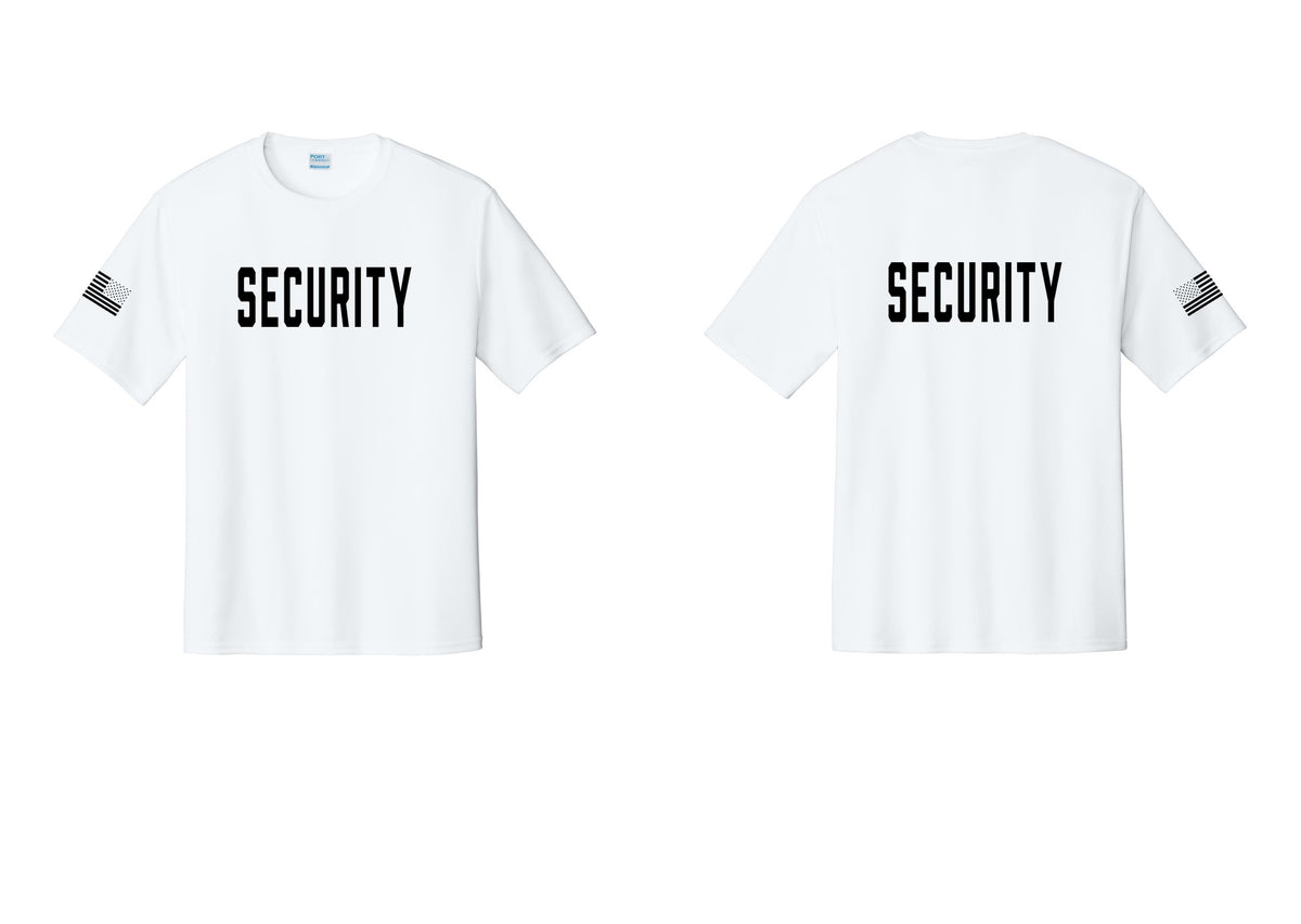 NYC Factory Security Performance T-Shirt (Classic) - Front + Back + US Flag Sleeve - White