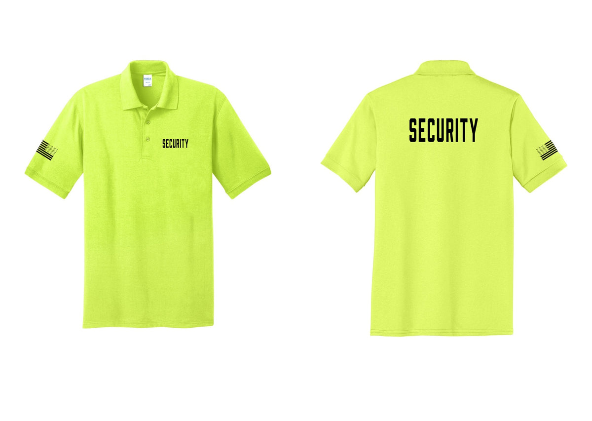 NYC Factory Security Polo Shirt (Classic) - Chest + Back + US Flag Sleeve - Safety Green