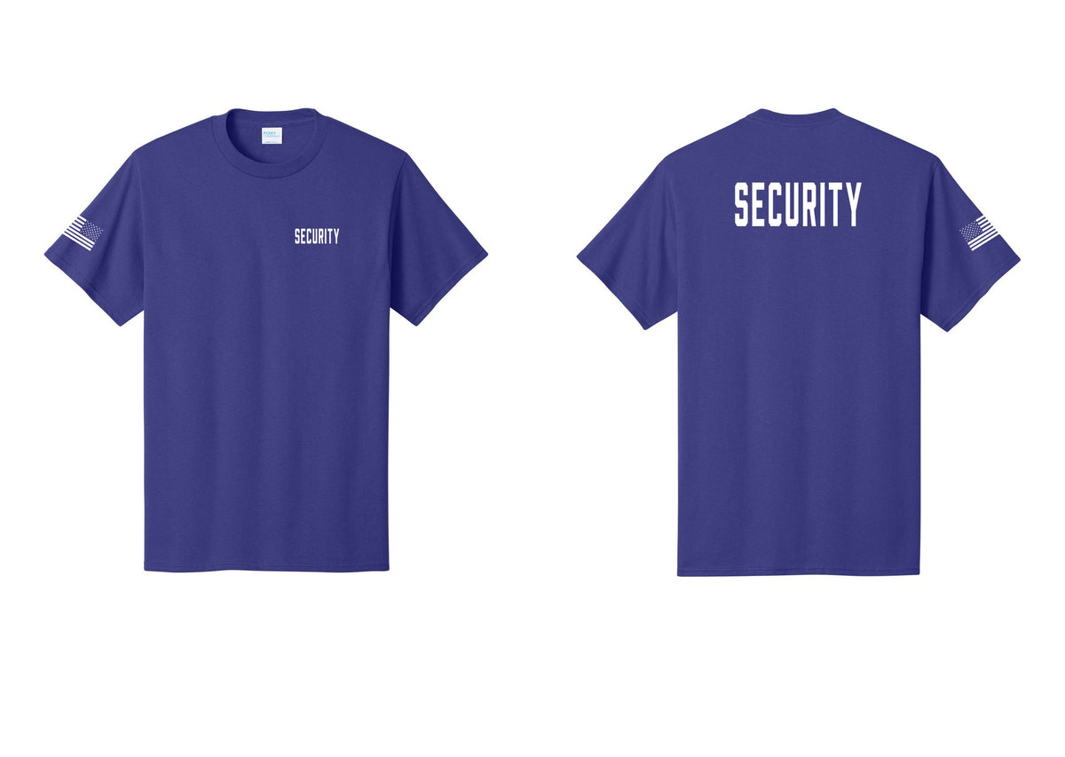 NYC Factory Unisex Security Black T-Shirt - Chest + Back + US Flag Sleeve - Purple