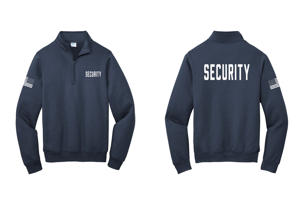 NYC Factory Security Cotton Fleece 1/4-Zip Pullover Sweatshirt (Classic) - Chest + Back + US Flag Sleeve - Navy