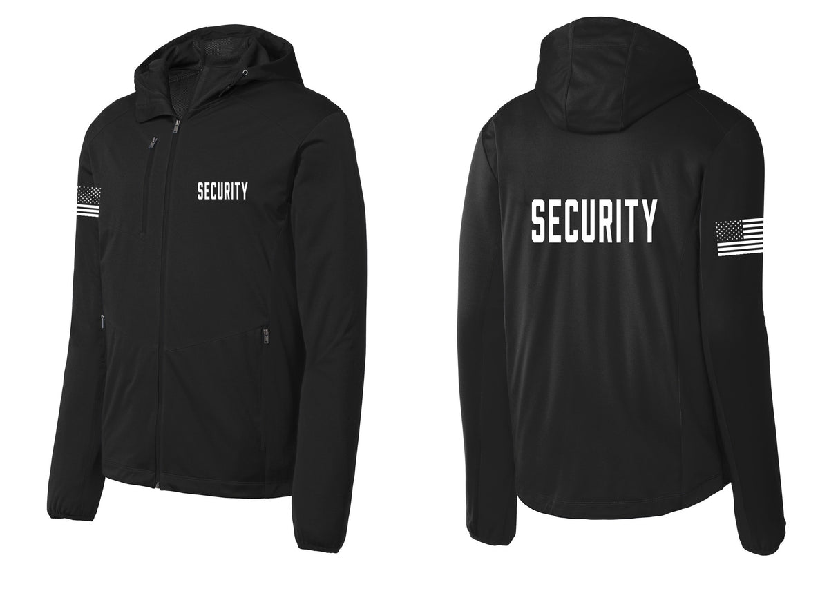 NYC Factory Security Soft Shell Hooded Jacket (Classic) - Chest + Back + US Flag Sleeve - Deep Black