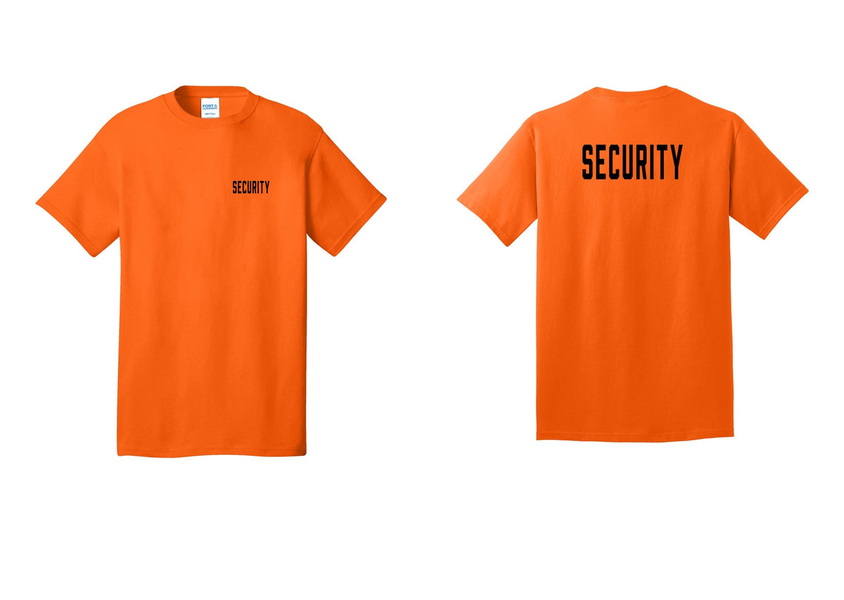 NYC Factory Security T-Shirt, Condensed Lettering - Chest + Back - Safety Orange