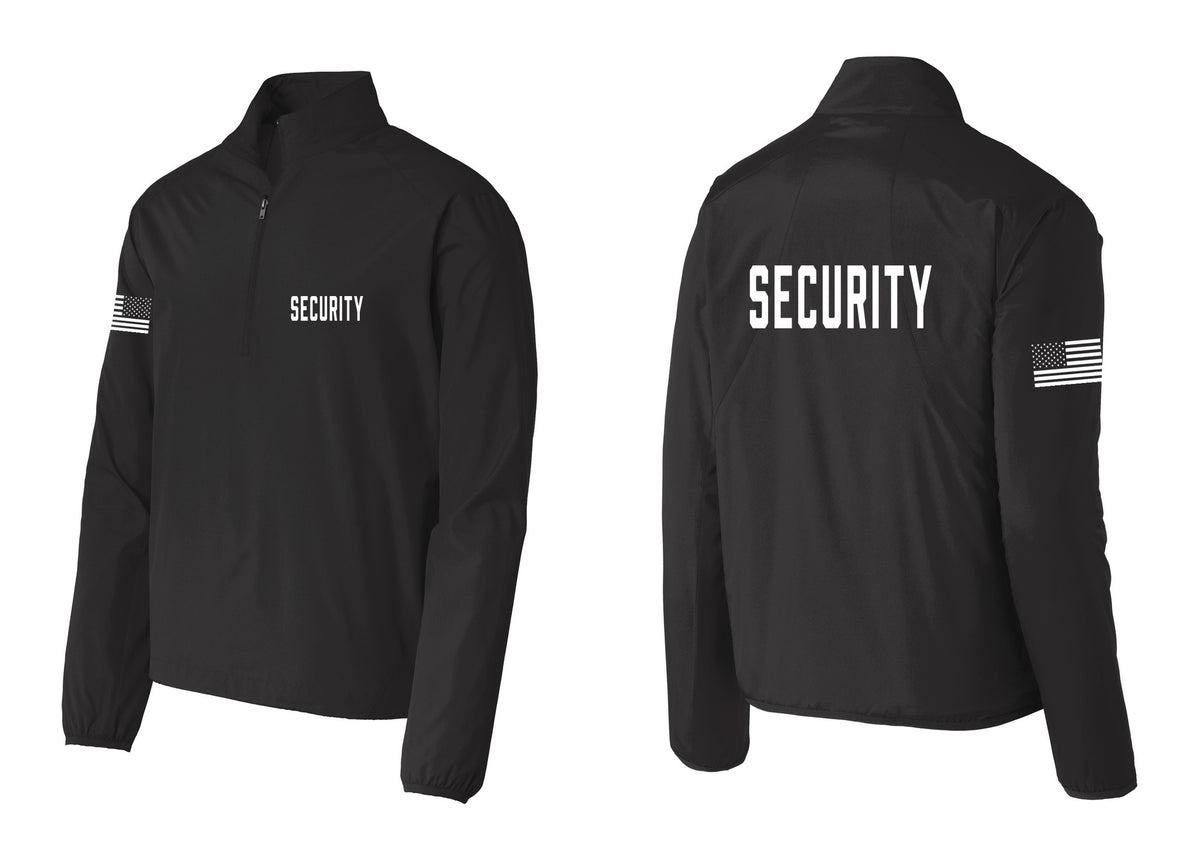 NYC Factory Security Windbreaker 1/2-Zip Pullover (Classic) - Chest + Back + US Flag Sleeve - Black