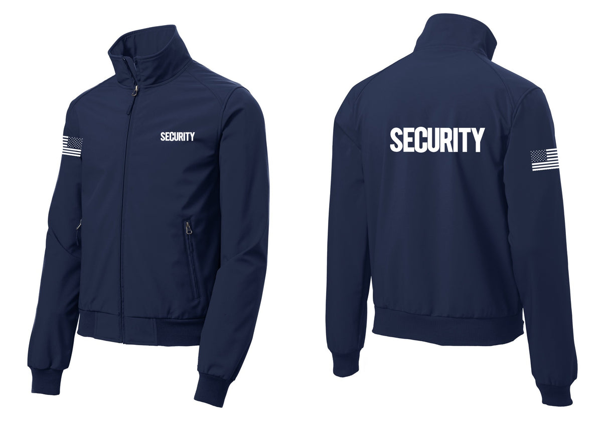 NYC Factory Security Soft Shell Bomber Jacket (Bold) - Chest + Back + US Flag Sleeve - Dress Blue Navy