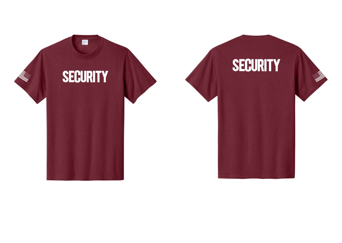NYC Factory Men's Security Cotton T-Shirt - Front + Back + US Flag Sleeve - Cardinal