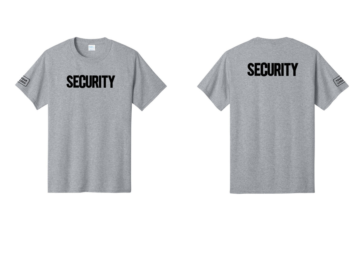 NYC Factory Custom Logo Men's Security Cotton T-Shirt - Front + Back + Your Logo Sleeve - Athletic Heather