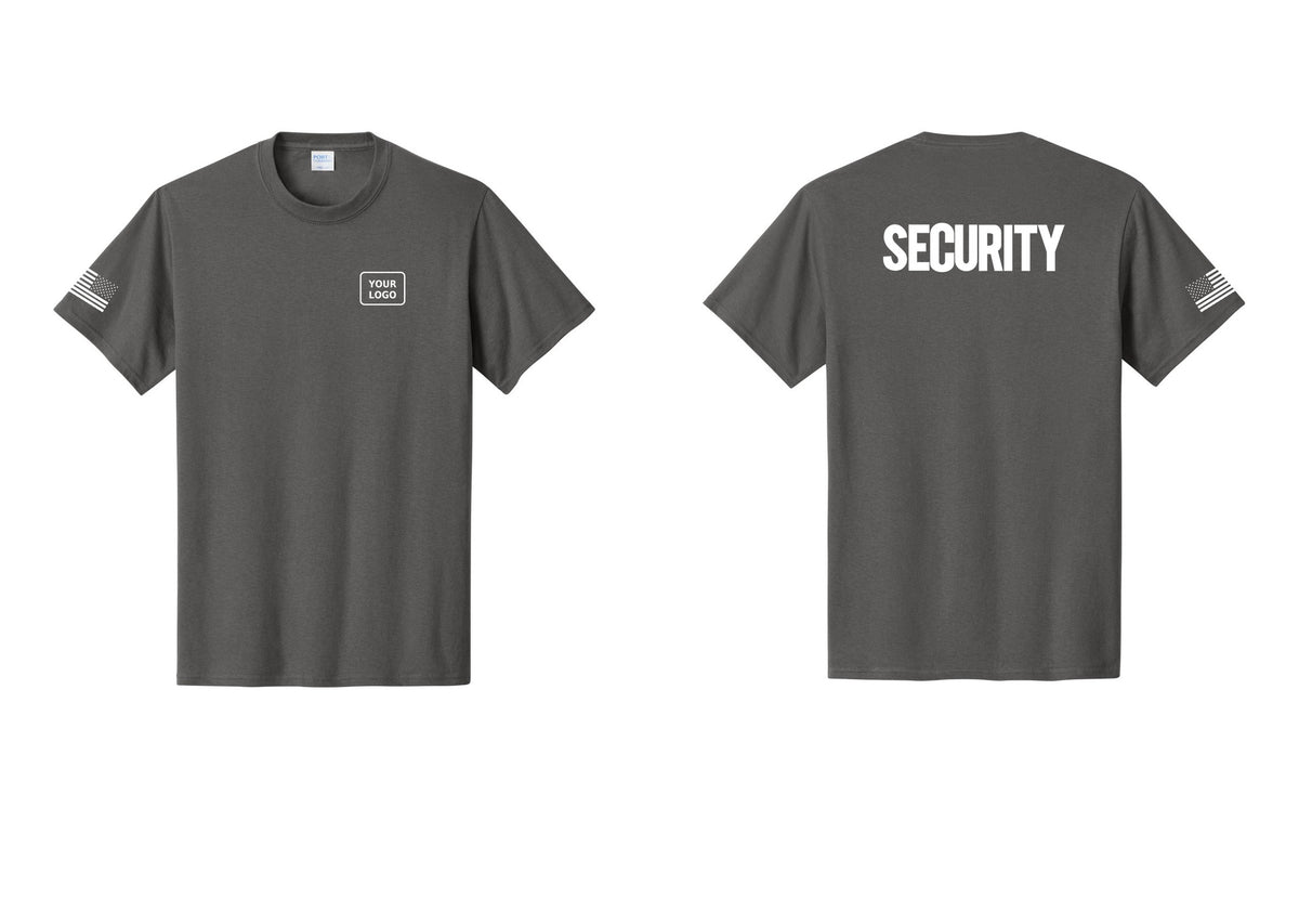 NYC Factory Custom Logo Men's Security Cotton T-Shirt - Your Logo + Back + US Flag Sleeve - Charcoal