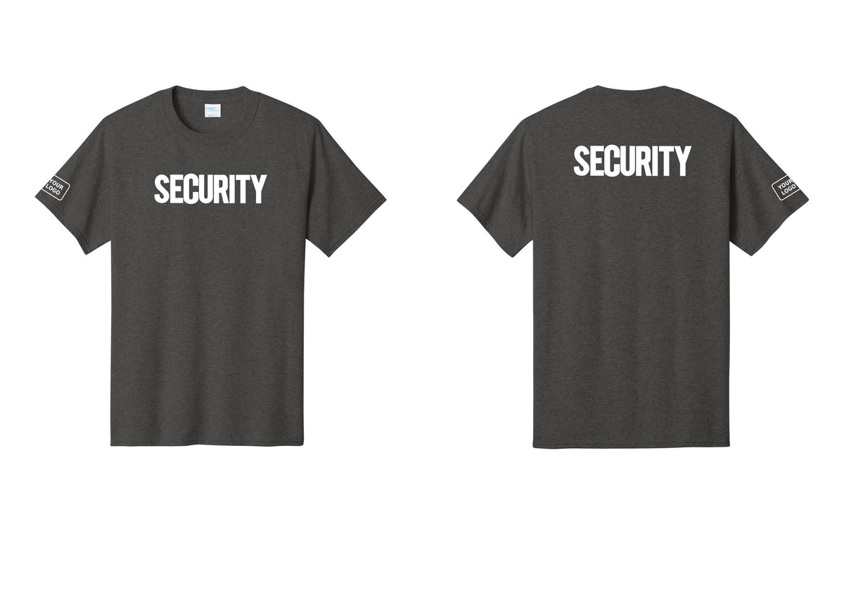 NYC Factory Custom Logo Men's Security Cotton T-Shirt - Front + Back + Your Logo Sleeve - Dark Heather Grey