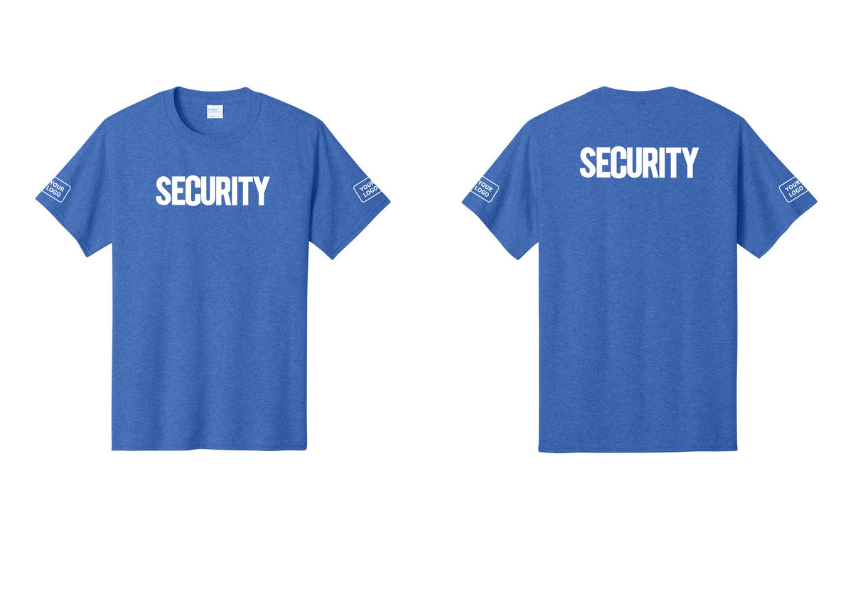NYC Factory Custom Logo Men's Security Cotton T-Shirt - Front + Back + Your Logo Sleeves - Heather Royal