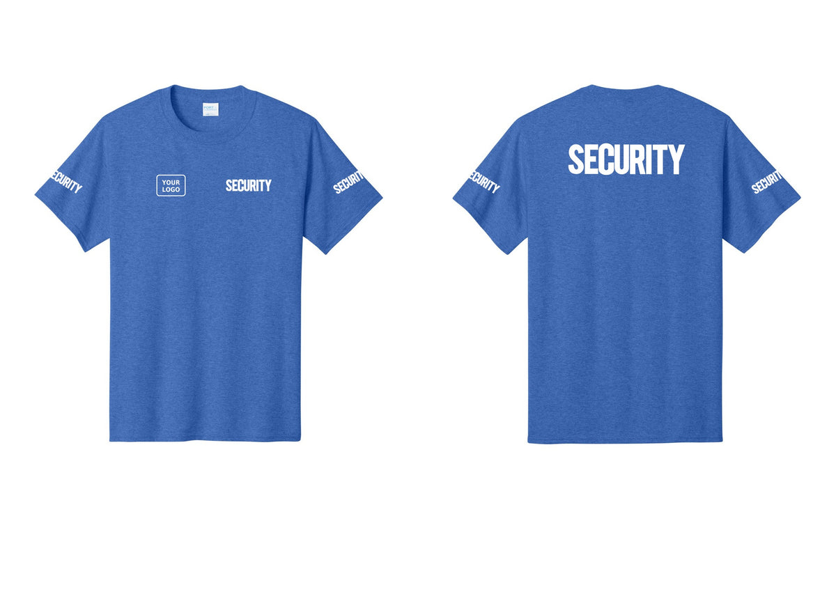 NYC Factory Custom Logo Men's Security Cotton T-Shirt - SECURITY + Your Logo + Back + Security Sleeves - Heather Royal
