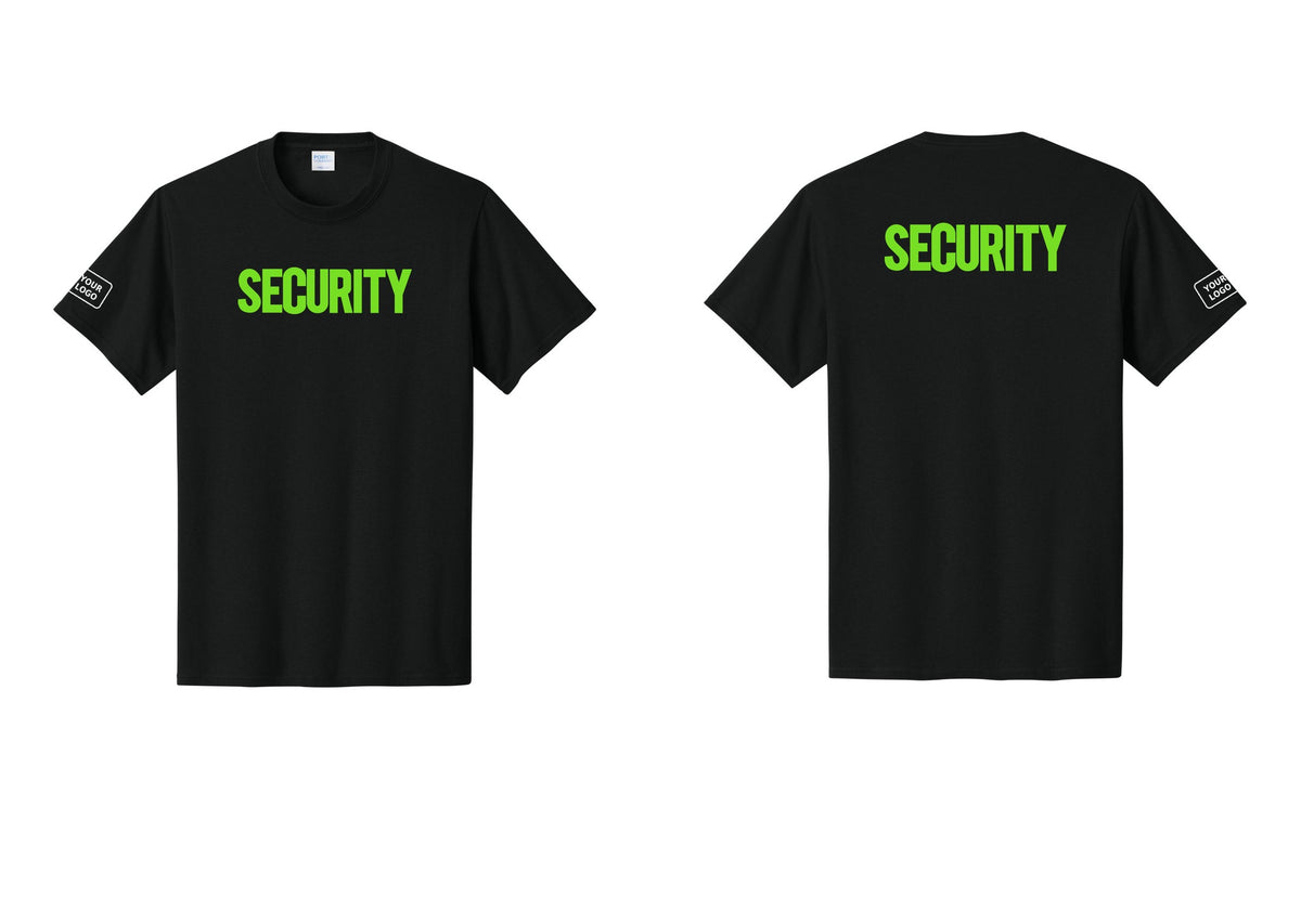 NYC Factory Custom Logo Men's Security Cotton T-Shirt - Front + Back + Your Logo Sleeve - Black / Neon