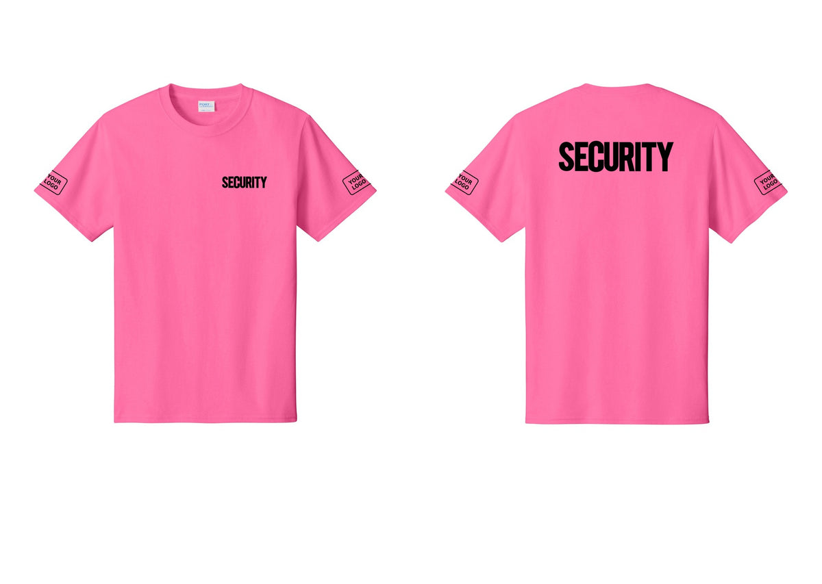 NYC Factory Custom Logo Men's Security Cotton T-Shirt - Chest + Back + Your Logo Sleeves - Neon Pink