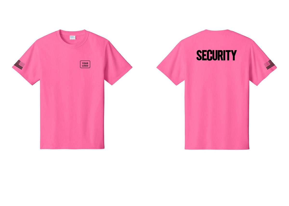 NYC Factory Custom Logo Men's Security Cotton T-Shirt - Your Logo + Back + US Flag Sleeve - Neon Pink