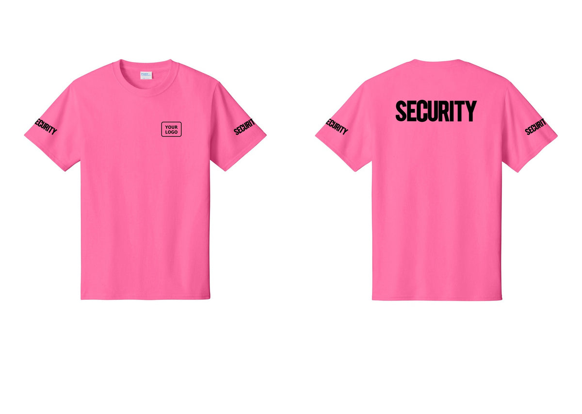 NYC Factory Custom Logo Men's Security Cotton T-Shirt - Your Logo + Back + Security Sleeves - Neon Pink