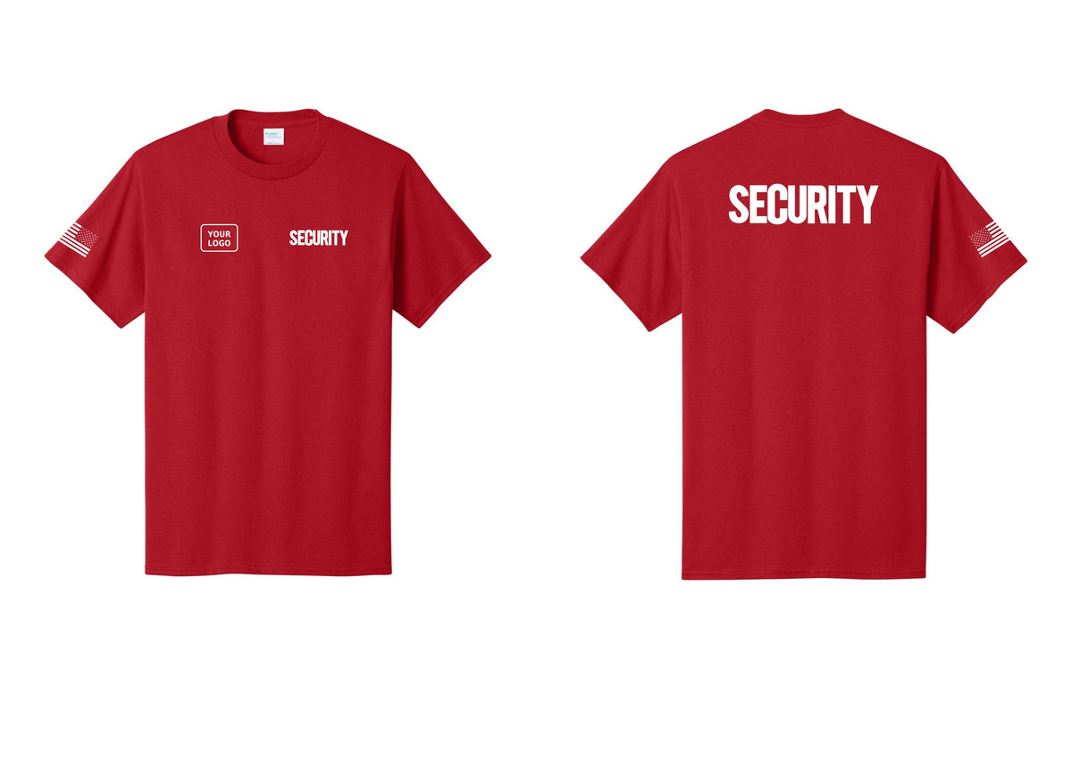 NYC Factory Custom Logo Men's Security Cotton T-Shirt - SECURITY + Your Logo + Back + US Flag Sleeve - Red