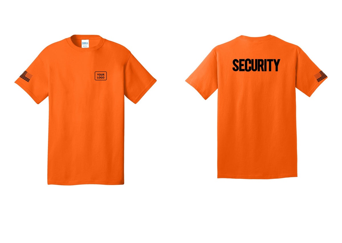 NYC Factory Custom Logo Men's Security Cotton T-Shirt - Your Logo + Back + US Flag Sleeve - Safety Orange