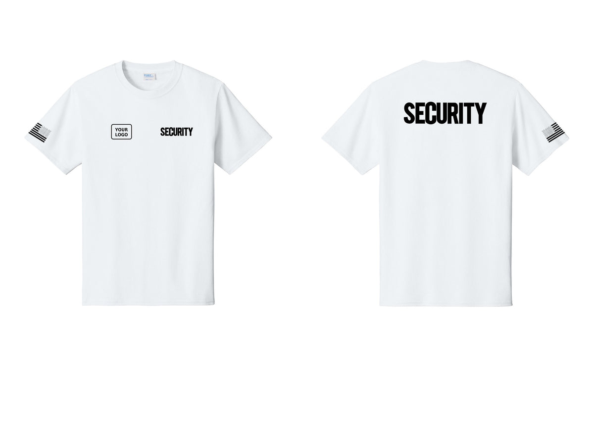 NYC Factory Custom Logo Men's Security Cotton T-Shirt - SECURITY + Your Logo + Back + US Flag Sleeve - White