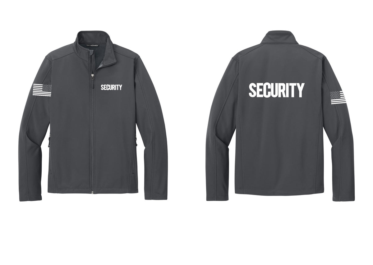 NYC Factory Security Soft Shell Jacket (Bold) - Chest + Back + US Flag Sleeve - Battleship Grey