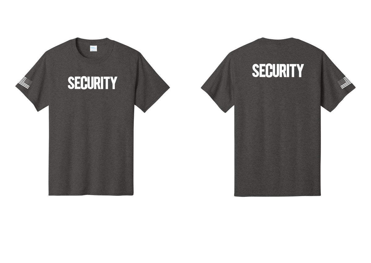 NYC Factory Men's Security Cotton T-Shirt - Front + Back + US Flag Sleeve - Dark Heather Grey